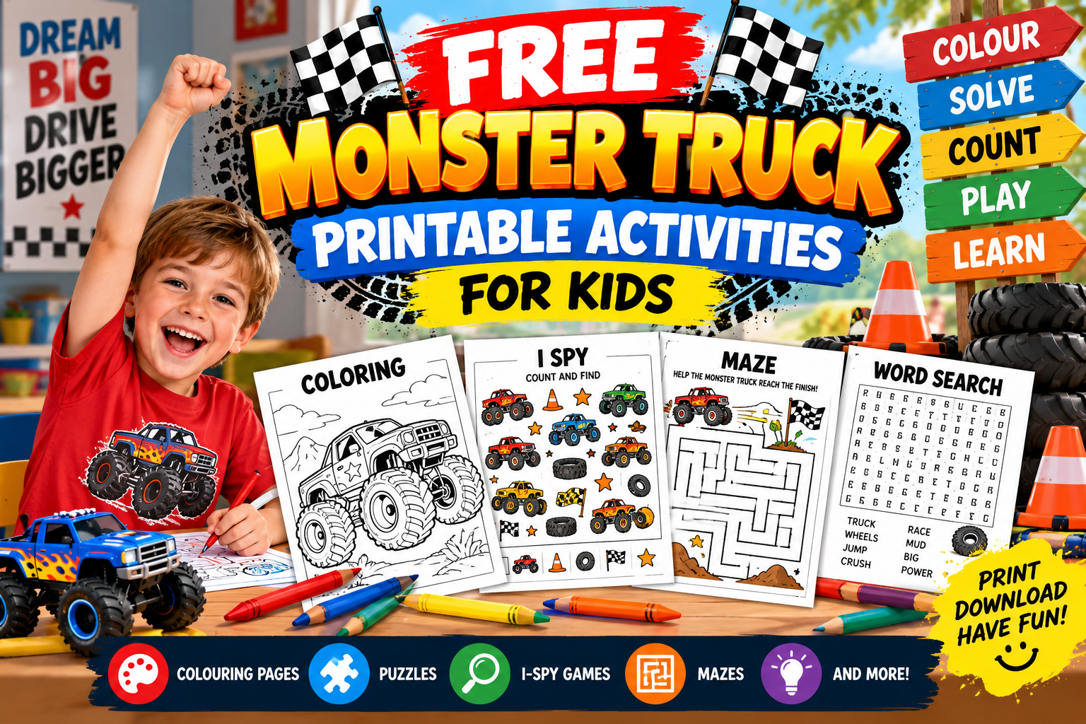 Free Monster Truck Printable Activities for Kids: Big-Wheel Fun at Home